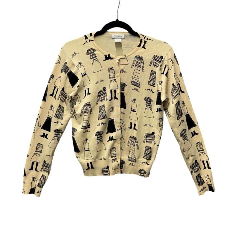 Oliver Perry Silk Blend Cardigan Cream Novelty Fashion Print Sweater Womens Med